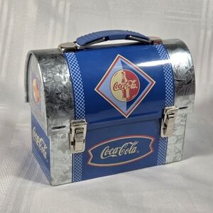 VTG 2001 Coca Cola Tin Lunchbox Galvanized Silver Metal Retro Hinged Box Coke